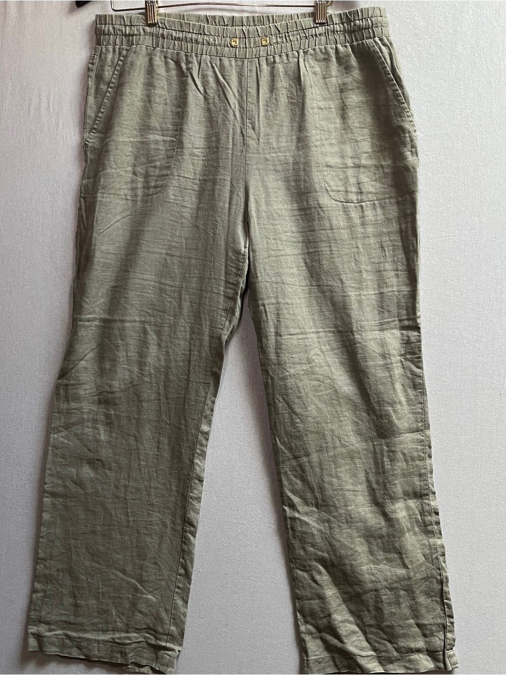 Ellen Tracy Olive Green Linen Blend Relaxed Chino Pants Elastic Waist Utility L